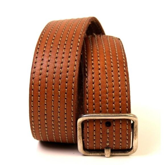 AEO BROWN GENUINE LEATHER 1.5"Wd STITCHED CASUAL WOMEN'S BELT Sz M (F93 - Picture 1 of 11